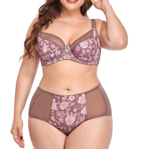 Sous-vêtements pour femmes Ensemble de soutien-gorge et culotte grande taille Soutien-gorge imprimé push up à armatures Soutien-gorge large à couverture complète ultra-mince - Product Image 1