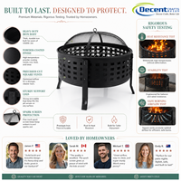 Brasero d'extérieur rond en fer avec grille de protection anti-étincelles et grille à bois, revêtement en maille à découpe carrée