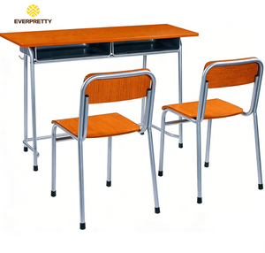 Muebles para Aula, Conjunto de Escritorio <span class=keywords><strong>y</strong></span> Silla Doble para Estudiantes, Mesa con Marco Metálico Moderno, Banco con Cajón <span class=keywords><strong>y</strong></span> Ganchos para la Escuela - Product Image 3