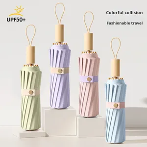 Parapluie pliant de haute qualité à 16 baleines en bois massif et aluminium, avec poignée en plastique coloré, double usage (soleil et pluie), pour femme, idéal comme cadeau d'affaires - Product Image 1