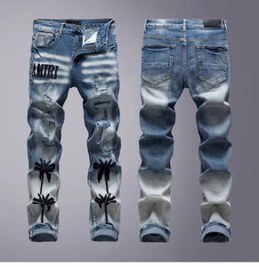 <span class=keywords><strong>Jeans</strong></span> de mezclilla elásticos azules claros para <span class=keywords><strong>hombre</strong></span>, corte recto, ajuste <span class=keywords><strong>regular</strong></span>, lavados, desgastados y rotos, con bordado personalizado al por mayor - Product Image 4