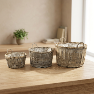 High Quality Rattan Wicker Laundry <b>Basket</b> with Plastic Lining Inside Grey Rattan Kubu Round Shape From Indonesia - Product Image 3