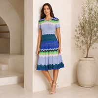 Robe midi en tricot bleu-vert à chevrons personnalisée pour femmes, col rond, manches courtes, coupe évasée, OEM ODM
