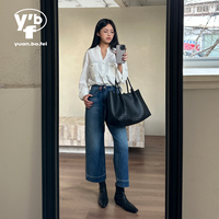 YUANBOFEI OEM Jeans pour femmes, jeans de haute qualité, jeans minimalistes bleus, pantalon en denim à jambes larges, taille haute, coupe ajustée, pantalon personnalisé