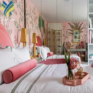 कस्टम 3D उभरा निविड़ अंधकार गुलाबी उष्णकटिबंधीय बेडरूम की दीवार सजावट वनस्पति ताड़ के पेड़ भित्ति वॉलपेपर
