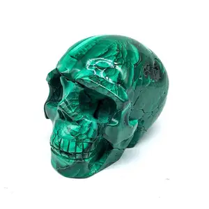 High Quality Crystal Polished Malachite Skull Hand Carved Natural Crystal Craft Green Malachite Skulls For Decoration