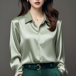 Camicia da donna con bottoni in raso di <span class=keywords><strong>seta</strong></span> <span class=keywords><strong>nera</strong></span> da donna a maniche lunghe per ufficio camicie da ufficio da donna Vintage in tessuto di raso con colletto rovesciato - Product Image 4