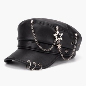 Béret Vintage Style Punk en Similicuir Ajustable avec Chaîne Décorative – Casquette Tendance Premium – Fabricant OEM ODM - Product Image 1