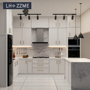 Mobili da Cucina Moderni a L in Melamina Grigia, Arredamento Modulare di Alta <span class=keywords><strong>Qualità</strong></span> con Isola e Spazio di Archiviazione Completo - Product Image 1