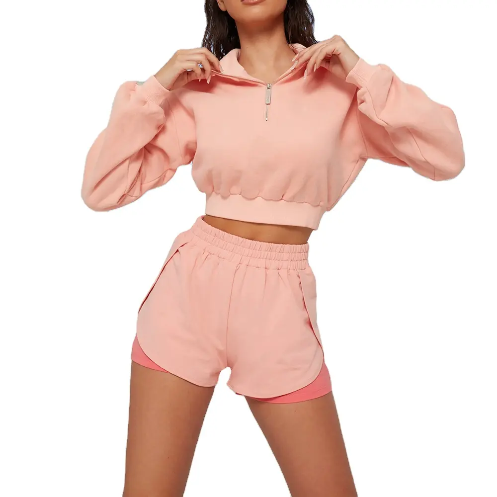 Hot selling Fashion hoodie factory wholesale solid color long sleeve leisure sports suit two piece shorts women