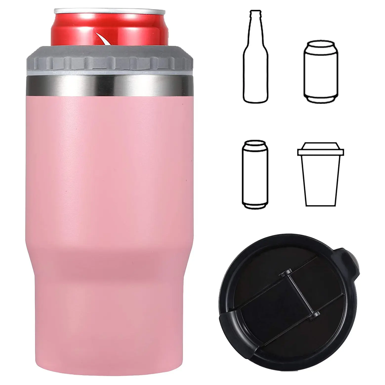 Isolateur de canette mince 4 en 1, Non glissante, pailletée, support pour tasses de bière, de camping, manches en métal avec logo