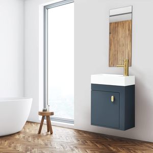 Mobile <span class=keywords><strong>Bagno</strong></span> Sospeso da 16 Pollici con Lavabo, Mobile Blu con Rubinetto in Rame Dorato, Combo Lavabo e Mobile in PVC per Bagni Piccoli - Product Image 1