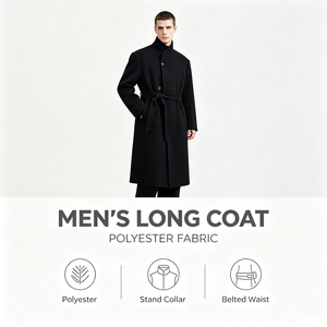 <strong>Mens</strong> Polyester Overcoat Long <strong>Coat</strong> Trench <strong>Coat</strong> Black <strong>Funnel</strong> <strong>Neck</strong> Single Breasted Tailored Belted OEM ODM Custom Office Wear Look - Product Image 1