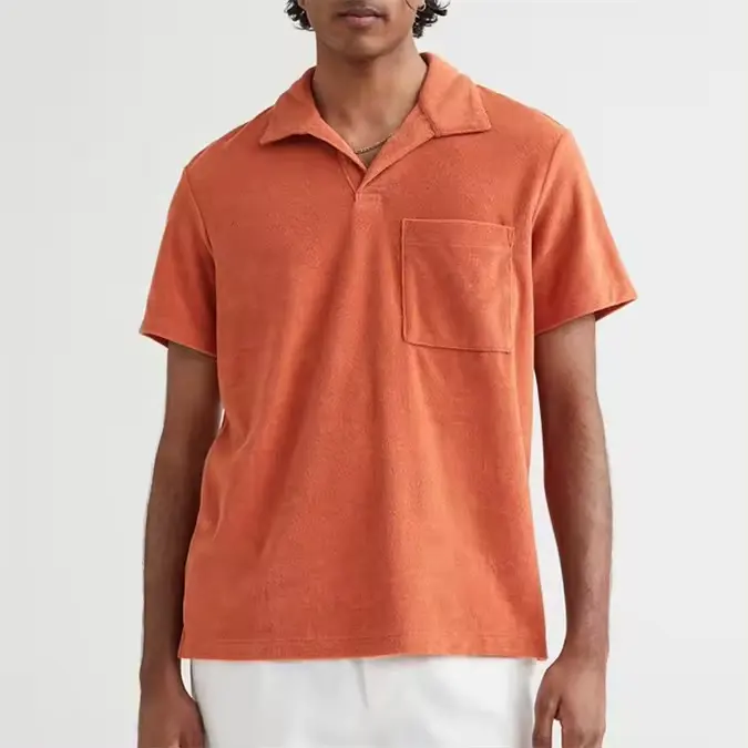 summer Custom orange color 100% organic cotton terry cloth shirt terry towel Polo Shirt with chest pocket