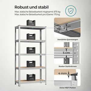 Estantería de Almacenamiento de Servicio Pesado de 5 Niveles Ajustables, Capacidad de Carga de 875 kg, Estructura de Acero con Recubrimiento en Polvo Sin Pernos, Color Plateado - Product Image 6