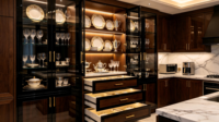 Meubles de cuisine modernes haut de gamme sur mesure, armoire pour appareils électroménagers encastrés, éclairage LED, armoire en verre pour projets résidentiels, vente en gros