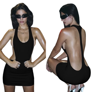 Robe sexy à col rond, à bretelles, dos nu, enveloppante, mini-jupe, couleur unie - Product Image 6