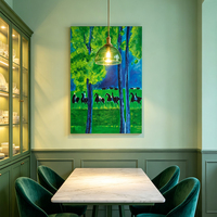 Tableau mural minimaliste village côtier bleu canard impasto fait main déco maison hôtel villa