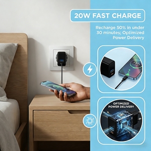 อะแดปเตอร์ชาร์จเร็ว 20W หัวปลั๊ก EU แบบ USB-C ชาร์จเร็วสองพอร์ต PD QC3.0 สำหรับ <span class=keywords><strong>iPhone</strong></span> 17 16 15 <span class=keywords><strong>14</strong></span> 13 สมาร์ทวอทช์ และหูฟัง - Product Image 4