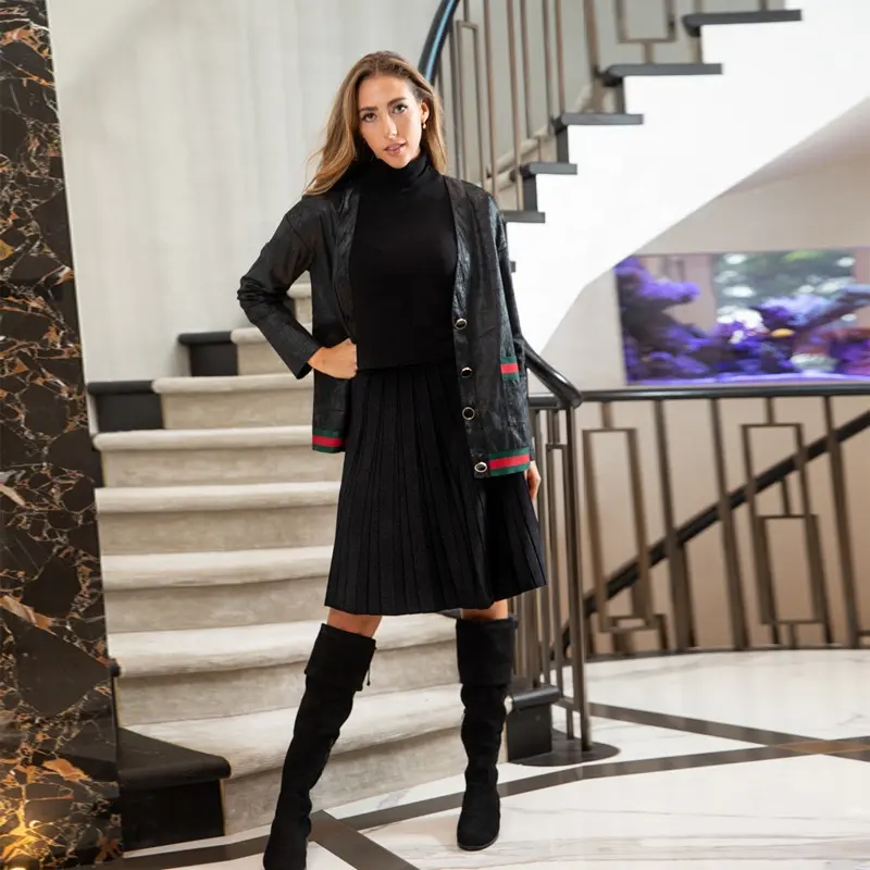 Knitwear manufacturer custom fashion black knit pleated skirt knee length high waist elastic women's long skirt