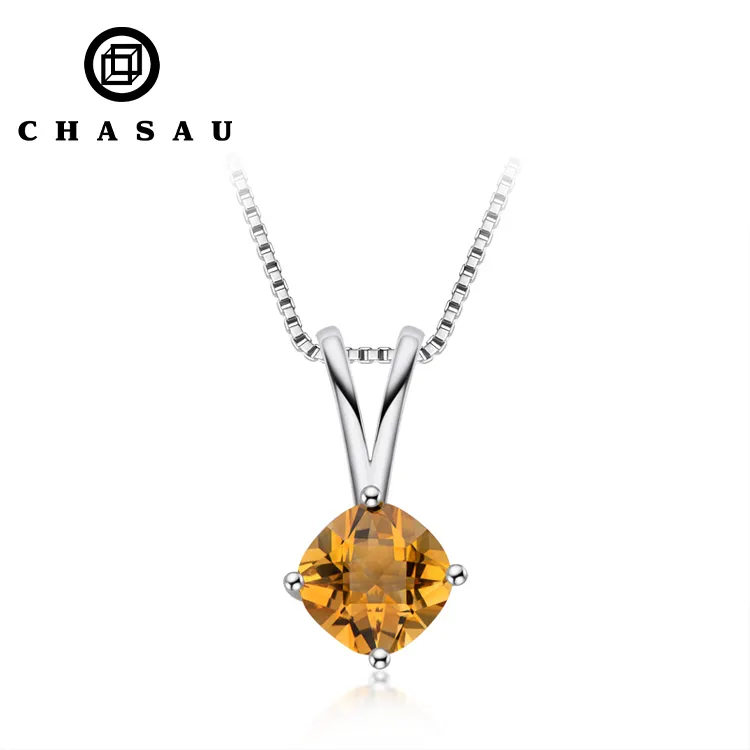 Hangende Vrouwen Sieraden 925 Zilveren Topaas Citrine Blauw Geel Kussen Gesneden 8Mm Eenvoudige 2ct Edelsteen Ketting