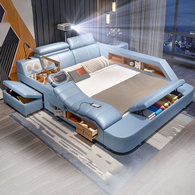 Luxury Leather Smart Bed Multifunctional Bed Tatami King Queen Platform Upholstered Fabric Soft Bed With Storage Music Speaker