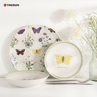 Service de table en porcelaine Tresun Vajilla Vaisselle, 18 pièces, design élégant de plantes, papillons et fleurs, style classique, finition sous glaçure