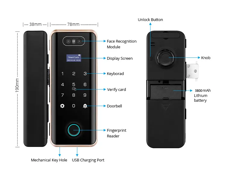 Volledige Automatische Frameloze Glazen Deur Vingerafdruk Biometrische Digitale Wachtwoord Gezichtsherkenning Lock Smart Card Slot Tuya Wifi App