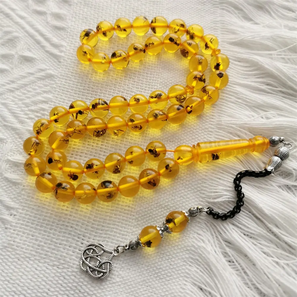 Verbazingwekkende Geel Insect Amber Kralen Real Mieren Binnen 10Mm 51 Sibha Ronde Kralen Hand Made Gebed Kraal Tasbih Rozenkrans