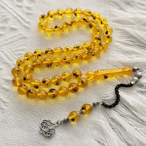 Perles d'ambre en forme d'insecte jaune, insectes, vraie perles, 10mm, 51 Sibha, rondes, de prière, faite à la main, chapelet de Tasbih
