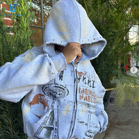 BENTURA Sokak Giyim Üreticisi Özel Grafik Baskılı Kalın Büyük Beden Taşlı %100 Pamuk Eskitme Görünümlü Kırpılmış Fermuarlı Kapüşonlu Sweatshirt
