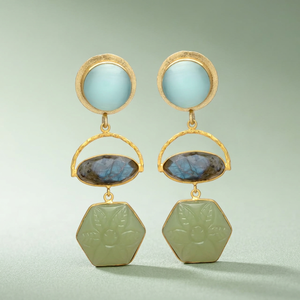 Pendientes Colgantes Plateados en Oro con Piedras Preciosas, Hechos a Mano, Estilo Boho Étnico - Product Image 2