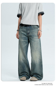 <span class=keywords><strong>Jeans</strong></span> de mezclilla vintage americanos azul cian de cintura media, lavado medio, de pierna recta, para <span class=keywords><strong>hombre</strong></span> y mujer, con patrón de slub, holgados y anchos, para verano e invierno. - Product Image 3