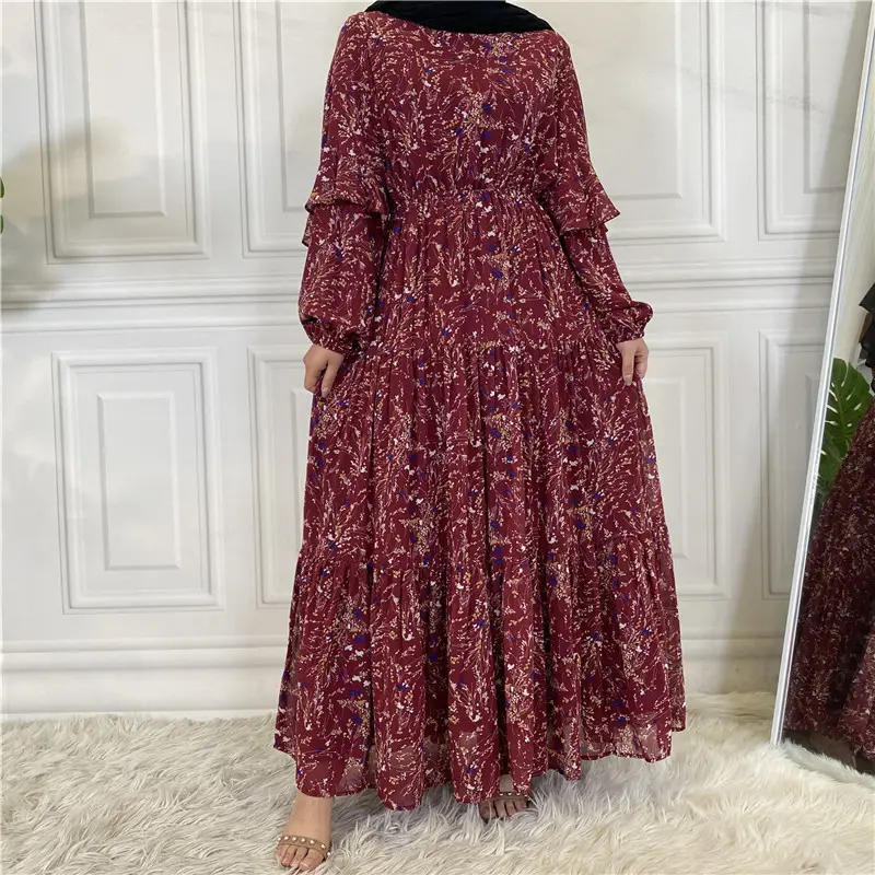 Hot Sale 5 Colors Full Lined Chiffon Muslim Long Sleeve Maxi Dress Elegant Beautiful Floral Printed Ladies Casual Modest Wear