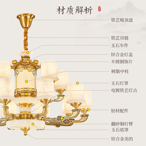 โคมไฟระย้าหยกธรรมชาติทองแดงทั้งหมด สไตล์จีนสมัยใหม่ ไฟ LED หลายหัว สำหรับห้องนั่งเล่น บ้านพักตากอากาศ - Product Image 1
