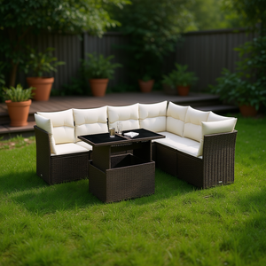 Ensemble de canapés de jardin en rotin brun avec coussins crème, mobilier d'extérieur au design contemporain, résistant à l'eau et aux UV, en osier PE - Product Image 2