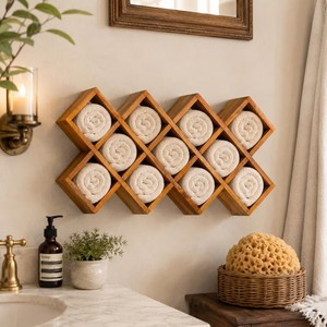 Étagère murale vintage en bois de style mid-century modern, organisateur à compartiments en losange croisés pour épices - Product Image 1