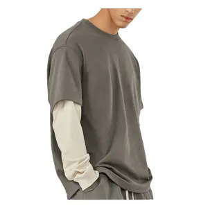 Custom Streetwear Casual Unisex Waffle Knit Heavyweight 100% Cotton Oversized Blank Double Layer Long Sleeve T Shirt Men Printed