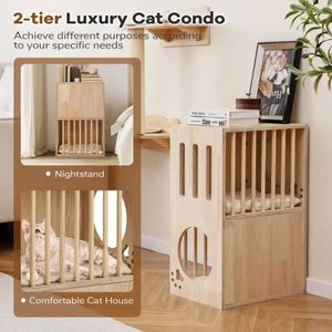 Wooden <b>double</b>-layer cat apartment cat <b>bed</b>, floor-standing pet resting <b>bed</b>, bedside table integrated cat <b>bed</b> <b>storage</b> rack - Product Image 2