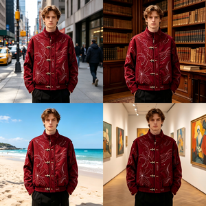 Giacca Oversize Premium Personalizzata <span class=keywords><strong>Rosso</strong></span> <span class=keywords><strong>Vino</strong></span> con Fibbia in Metallo Ricamata con Strass Moda Streetwear Maschile - Product Image 2
