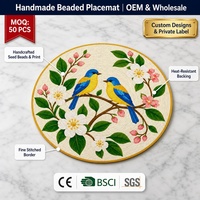 Set de table rond en perles de verre blanches imprimées sur mesure, motif branche de fleur d'oiseau bleu, pour la vente en gros