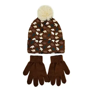 Kinder Oem Op Maat Gemaakte Waterprint Gebreide Muts Buiten Manchet Bedrukt Bruin Colour Schattige Mooie Pom Pom Beanie Set