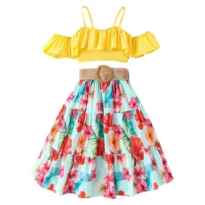 Новейшая детская повседневная одежда, милое желтое длинное платье с вырезом на шее, длинное платье с цветочным принтом, комплект из 2 предметов, летняя юбка для девочек
