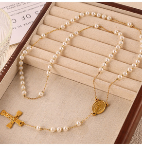 2025 Edelstahl 18 Karat Gold Kreuz Anhänger Y Lariat Halskette Jungfrau Maria Heilige Selige Perle Christian Kruzifix Schmuck - Product Image 3