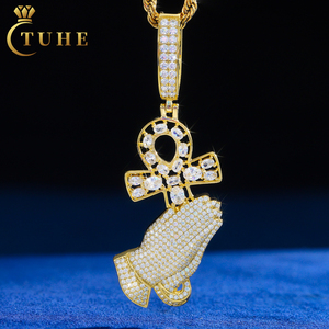 Bijoux spirituels en argent sterling 925 non ternissant, avec diamant Moissanite <span class=keywords><strong>de</strong></span> laboratoire, entièrement serti, pendentif main <span class=keywords><strong>de</strong></span> prière et croix Ankh pour hommes et femmes - Product Image 1