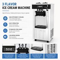 Machine à crème glacée verticale haute capacité à 3 saveurs, machine à crème glacée molle commerciale pour les boutiques de desserts, les restaurants et les cafés