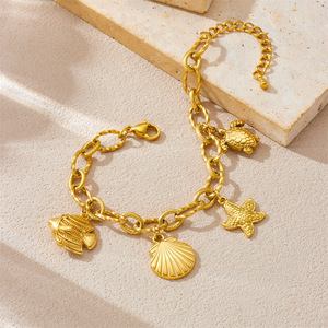 Gold Plated Stainless Steel Marine Life Charm Bracelet With Scallop Starfish Turtle Pendant Unisex Jewelry Gift - Product Image 3