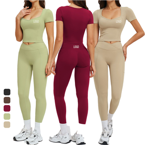 Ensemble de tenue de tennis pour femme : Haut de fitness à manches courtes, Legging de tennis à taille haute et soutien élevé, Col carré, Pantalon de gym et de course - Product Image 1