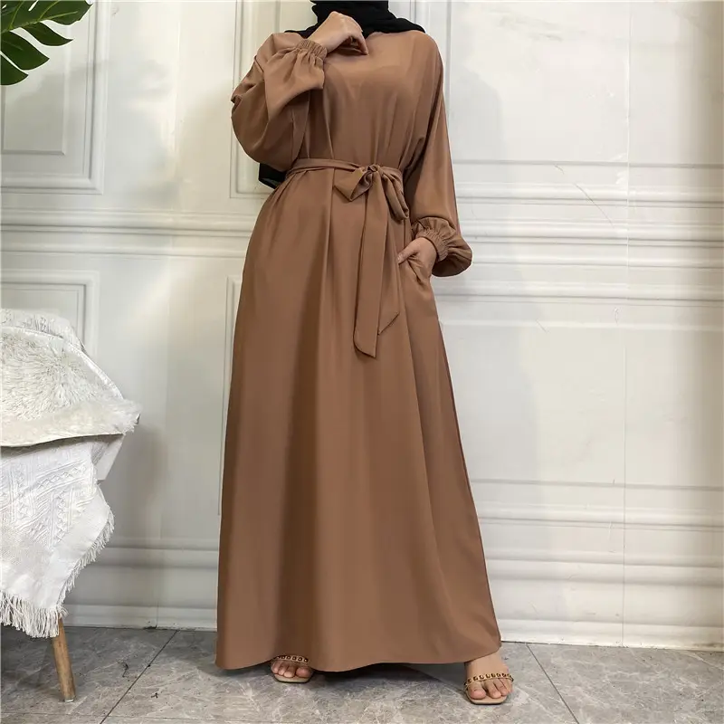 Modest Ethnic Turkey Muslim Long Sleeve Elastic Cuff Plain Color Long Dress Closed Abaya Dubai Slip Dress With Side Pockets