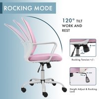 Chaise de bureau ergonomique moderne, petite, rose, en maille, avec accoudoirs réglables en hauteur et pivotante